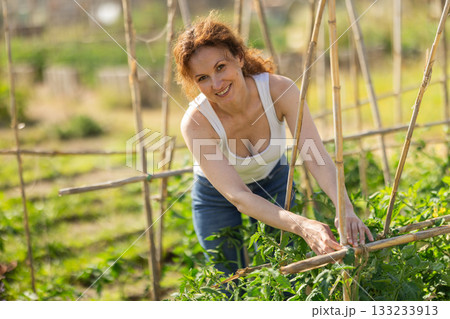 Adult woman caring for plant in garden 133233913