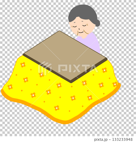 Illustration of a senior woman sitting in a kotatsu Illustration of a senior woman sitting in a kotatsu 133233948
