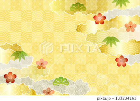 和柄　松竹梅　年賀状　金　背景	 133234163