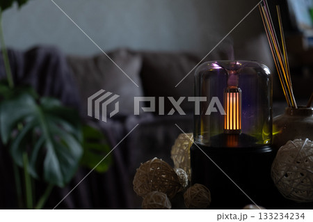 Home fragrance aromatic diffuser with essential oil. Modern air humidifier at home. Improving the comfort of wellbeing living in house. Ultrasonic aroma perfume steam Home fragrance aromatic diffuser with essential oil. Modern air humidifier at home. Improving the comfort of wellbeing living in house. Ultrasonic aroma perfume steam 133234234