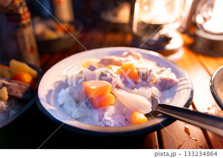 キャンプ場で食べるシチュー 133234864