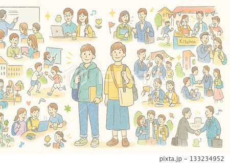 大学生活 イラスト｜色鉛筆風の大学生・授業・サークル活動・キャンパスライフ素材（16:9） 133234952