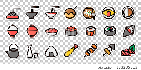 Hand-drawn illustration sticker set of Japanese food. Vector materials including sushi, ramen, takoyaki, and onigiri. 133235313