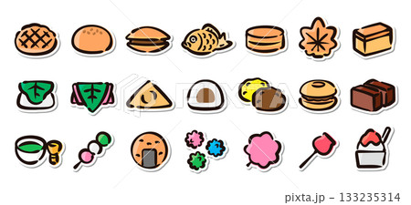 和菓子の手描きイラストステッカーセット 抹茶、団子、甘味処、和風デザートのベクター素材 和菓子の手描きイラストステッカーセット 抹茶、団子、甘味処、和風デザートのベクター素材 133235314