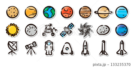 宇宙と天体の手描きイラストステッカーセット 惑星や宇宙開発をテーマにしたベクター素材 宇宙と天体の手描きイラストステッカーセット 惑星や宇宙開発をテーマにしたベクター素材 133235370