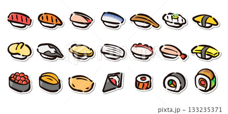 寿司の手描きイラストステッカーセット 寿司ネタ、和食メニューのベクター素材 寿司の手描きイラストステッカーセット 寿司ネタ、和食メニューのベクター素材 133235371