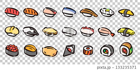 壽司手繪插畫貼紙套裝 - 壽司食材，日式料理菜單向量素材 133235371