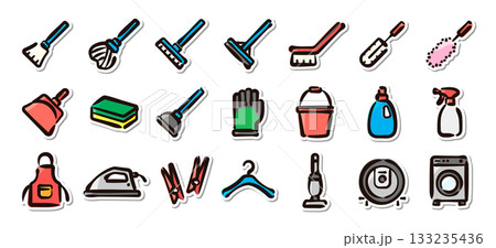 掃除と洗濯の手描きイラストステッカーセット 清掃道具、洗濯用品のベクター素材 掃除と洗濯の手描きイラストステッカーセット 清掃道具、洗濯用品のベクター素材 133235436