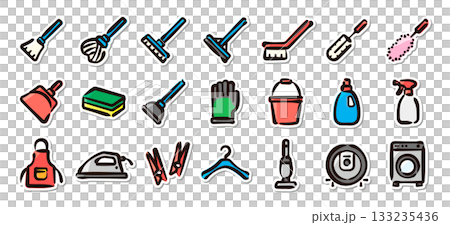 Cleaning and laundry hand-drawn illustration sticker set. Cleaning tools and laundry supplies vector material Cleaning and laundry hand-drawn illustration sticker set. Cleaning tools and laundry supplies vector material 133235436