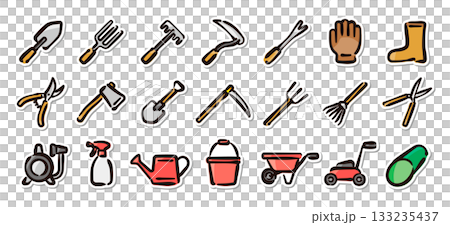 ガーデニング道具の手描きイラストステッカーセット 庭仕事、畑、手入れ用具のベクター素材 ガーデニング道具の手描きイラストステッカーセット 庭仕事、畑、手入れ用具のベクター素材 133235437