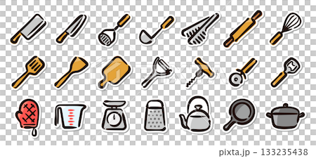 廚房用具手繪插圖貼紙組。炊具、烹飪工具和廚房用具的向量圖。 廚房用具手繪插圖貼紙組。炊具、烹飪工具和廚房用具的向量圖。 133235438