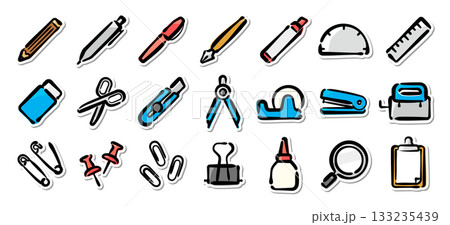 文房具の手描きイラストステッカーセット　学校、オフィスで使えるステーショナリーベクター素材 133235439