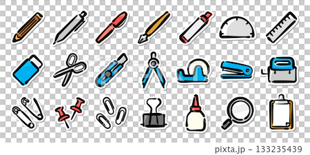 手繪文具插畫貼紙組。適用於學校和辦公室的文具向量素材。 手繪文具插畫貼紙組。適用於學校和辦公室的文具向量素材。 133235439