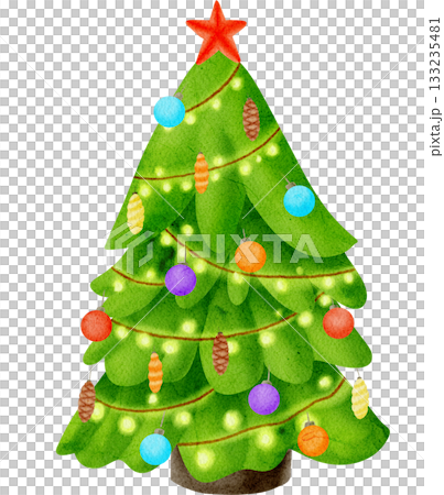 Christmas decorated tree. Watercolor illustration hand drawn in a children's style. Drawing for cards, invitations, banners. New Year, Christmas, tree, tree, decoration, holiday, fun, winter, December 133235481