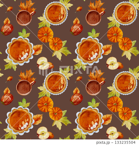 Seamless watercolor drawing of a pumpkin pie with dough decorations, an orange pumpkin, leaves, and a cup of drink on a brown background 133235504