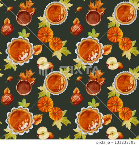 Seamless watercolor drawing of a pumpkin pie with dough decorations, an orange pumpkin, leaves, and a cup of drink on a green background 133235505