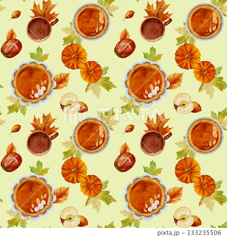 Seamless watercolor drawing of a pumpkin pie with dough decorations, an orange pumpkin, leaves, and a cup of drink on a light green background Seamless watercolor drawing of a pumpkin pie with dough decorations, an orange pumpkin, leaves, and a cup of drink on a light green background 133235506