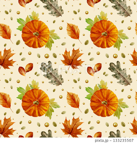 An autumn watercolor seamless pattern with leaves and pumpkins on a beige background. An autumn watercolor seamless pattern with leaves and pumpkins on a beige background. 133235507