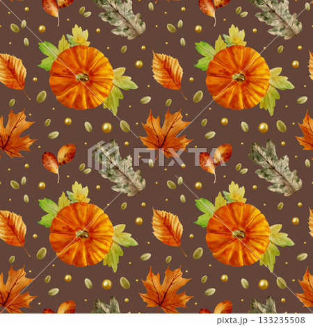 An autumn watercolor seamless pattern with leaves and pumpkins on a brown background. An autumn watercolor seamless pattern with leaves and pumpkins on a brown background. 133235508