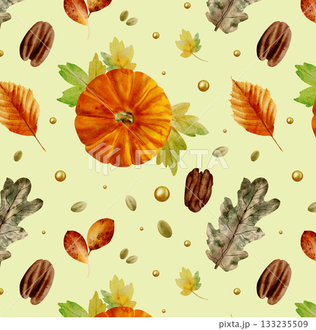 Watercolor autumn seamless pattern with leaves, pumpkins, and macadamia nuts on a light green background, large objects 133235509