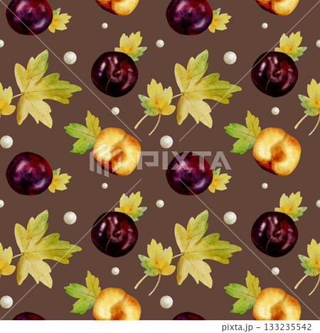 Seamless watercolor pattern with bright autumn leaves and plums on a brown background, large elements 133235542