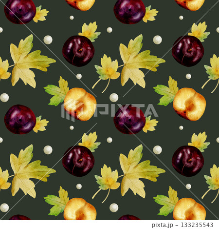 Seamless watercolor pattern with bright autumn leaves and plums on a green background, large elements Seamless watercolor pattern with bright autumn leaves and plums on a green background, large elements 133235543