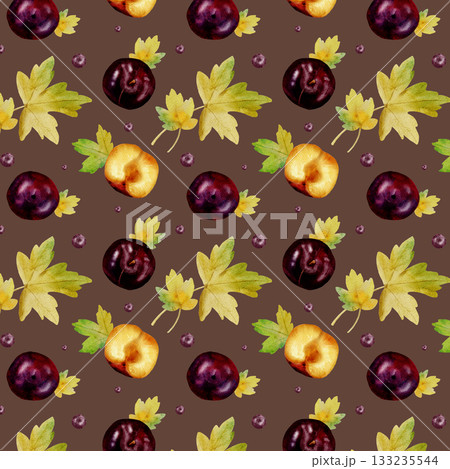 Seamless watercolor pattern with bright autumn leaves and plums on a brown background Seamless watercolor pattern with bright autumn leaves and plums on a brown background 133235544