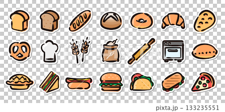 Bread and bakery hand-drawn illustration sticker set. Bakery materials, bread, baked goods vector material. 133235551