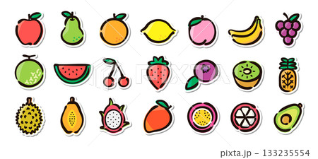 果物の手描きイラストステッカーセット　フルーツ、食品、料理のベクター素材 133235554