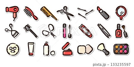 美容と化粧品の手描きイラストステッカーセット　スキンケア、メイク道具のベクター素材 133235597