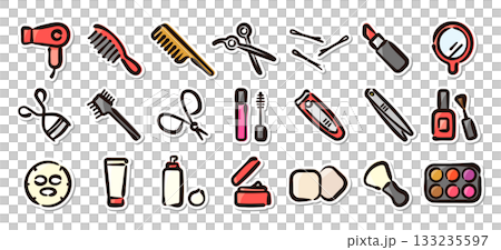 Beauty and cosmetics hand-drawn illustration sticker set. Skin care and makeup tools vector material. 133235597