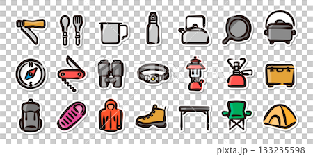 Camping equipment and outdoor gear hand-drawn illustration sticker set. Vector material for hiking and outdoor activity goods. Camping equipment and outdoor gear hand-drawn illustration sticker set. Vector material for hiking and outdoor activity goods. 133235598