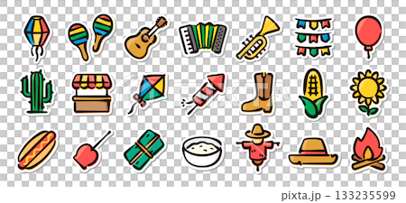 フェスタジュニーナの手描きイラストステッカーセット　ブラジルの伝統祭、食べ物、イベントのベクター素材 133235599