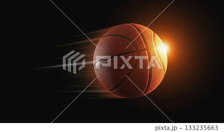 黒背景にスピード感のあるバスケットボールと光の軌跡 133235663