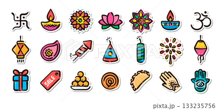 ディワリの手描きイラストステッカーセット　イベントや装飾デザインのベクター素材 133235756