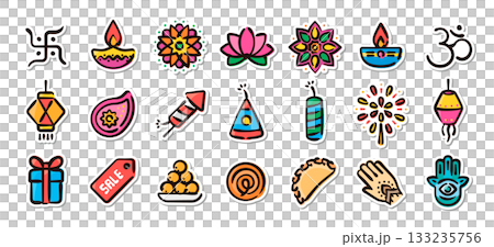 ディワリの手描きイラストステッカーセット　イベントや装飾デザインのベクター素材 133235756