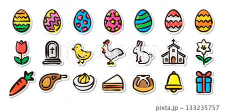 イースター（復活祭）の手描きイラストステッカーセット　教育、装飾、販促向けのベクター素材 133235757