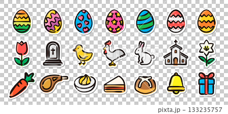 イースター（復活祭）の手描きイラストステッカーセット　教育、装飾、販促向けのベクター素材 133235757