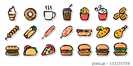 ファストフードの手描きイラストステッカーセット ハンバーガー、ポテト、ドリンクなどのベクター素材 ファストフードの手描きイラストステッカーセット ハンバーガー、ポテト、ドリンクなどのベクター素材 133235759