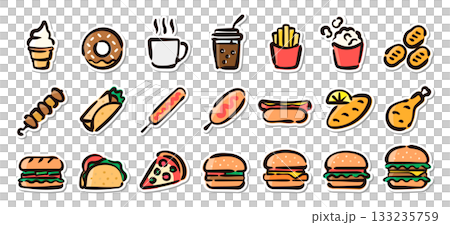 Fast food hand-drawn illustration sticker set - vector material including hamburgers, fries, drinks, etc. Fast food hand-drawn illustration sticker set - vector material including hamburgers, fries, drinks, etc. 133235759