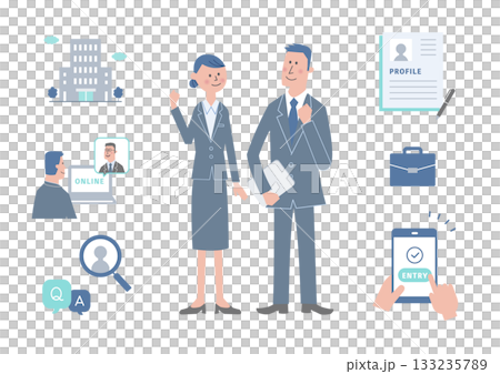 Job hunting illustrations | Men and women in business suits showing application, interview, and company explanation 133235789