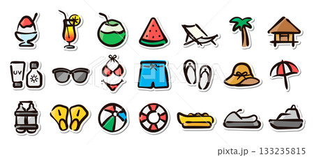 夏のバケーション、ビーチリゾートの手描きイラストステッカーセット　旅行、レジャー、夏休み 133235815