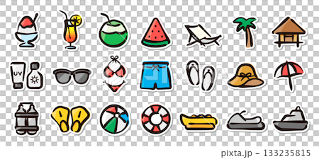 Summer vacation, beach resort hand drawn illustration sticker set Travel, leisure, summer holidays Summer vacation, beach resort hand drawn illustration sticker set Travel, leisure, summer holidays 133235815