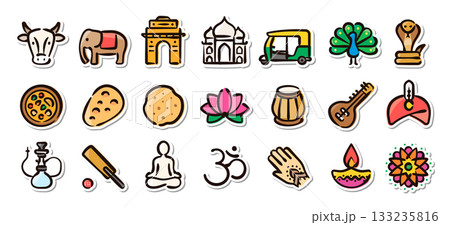 インドの手描きイラストステッカーセット 文化、料理、伝統を描いたベクター素材 インドの手描きイラストステッカーセット 文化、料理、伝統を描いたベクター素材 133235816