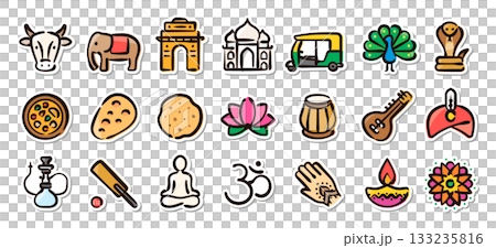 Indian hand-drawn illustration sticker set - vector illustrations of culture, cuisine, and traditions 133235816