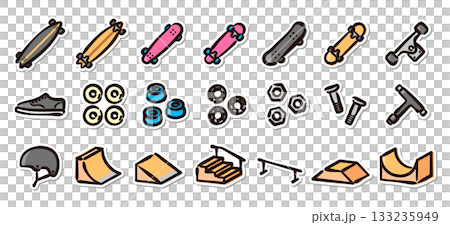 Skateboard hand-drawn illustration sticker set. Vector illustrations of skate parks and skateboarding goods. Skateboard hand-drawn illustration sticker set. Vector illustrations of skate parks and skateboarding goods. 133235949