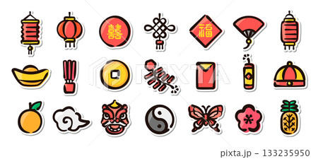 春節（旧正月）の手描きイラストステッカーセット　販促、装飾、観光向けのベクター素材 133235950