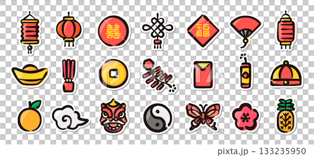 春節（旧正月）の手描きイラストステッカーセット　販促、装飾、観光向けのベクター素材 133235950