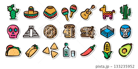 メキシコ文化の手描きイラストステッカーセット　文化、遺跡、食べ物のベクター素材 133235952