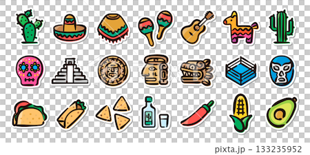 メキシコ文化の手描きイラストステッカーセット　文化、遺跡、食べ物のベクター素材 133235952